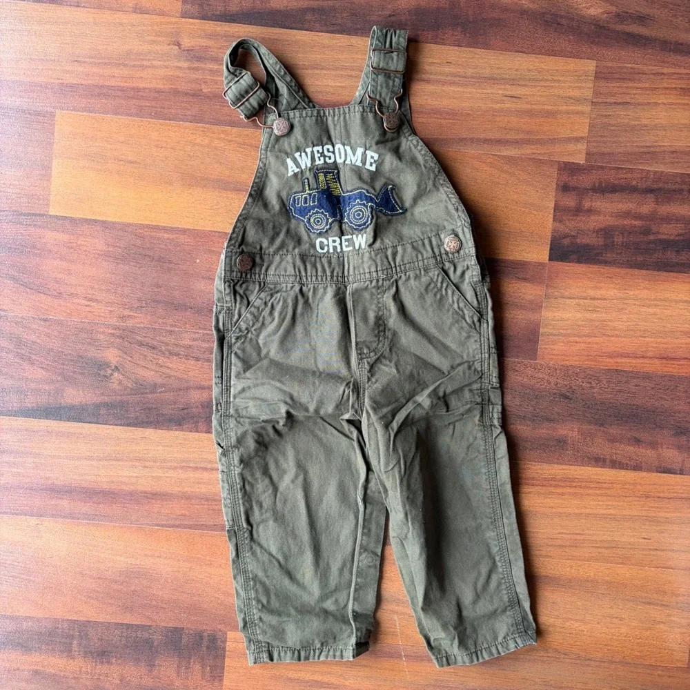 OshKosh Bgosh Boys Olive Green Awesome Crew Bulldozer Canvas Overalls 18 Months